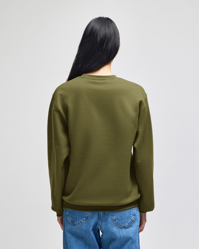 A back view of an olive green Champion Powerblend® adult crewneck sweatshirt with long sleeves.