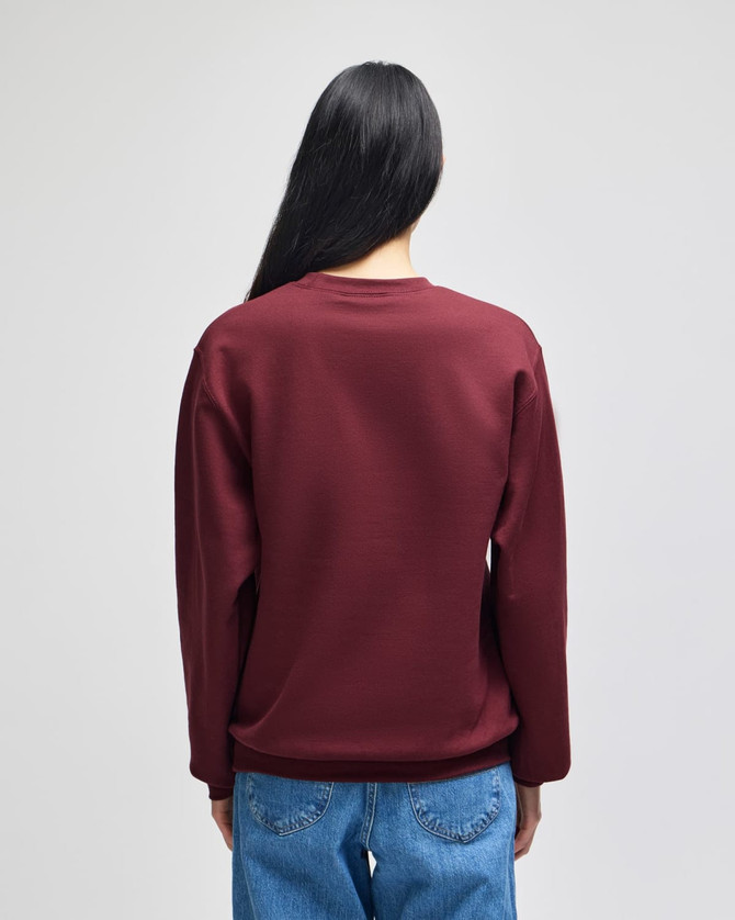 A burgundy crewneck sweatshirt from the back, featuring long sleeves and a relaxed fit. It has a small logo.