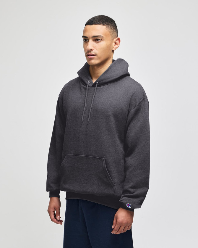A grey adult crewneck sweatshirt with a hood, featuring a front pocket and a logo on the sleeve.
