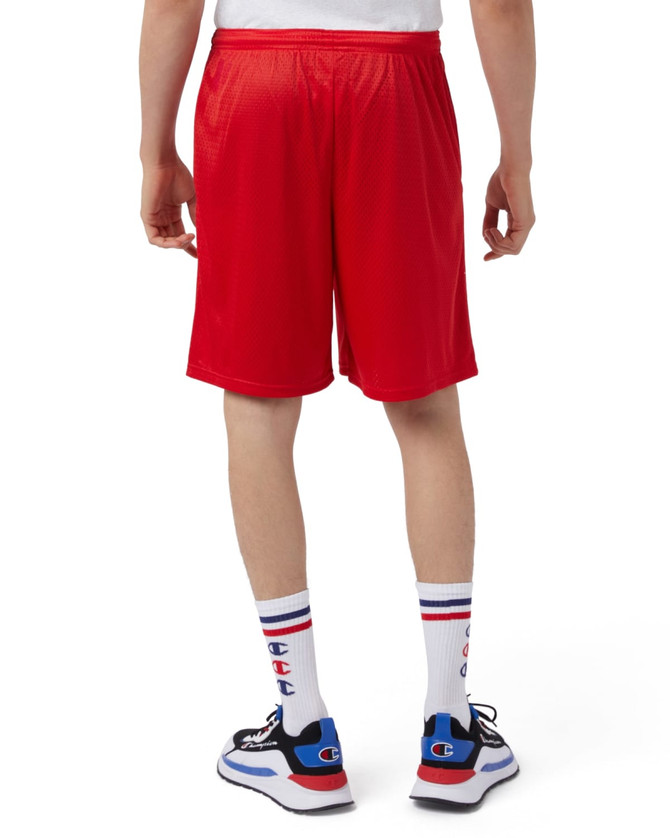 Red mesh sports shorts with pockets, featuring an elastic waistband and a logo on the back.