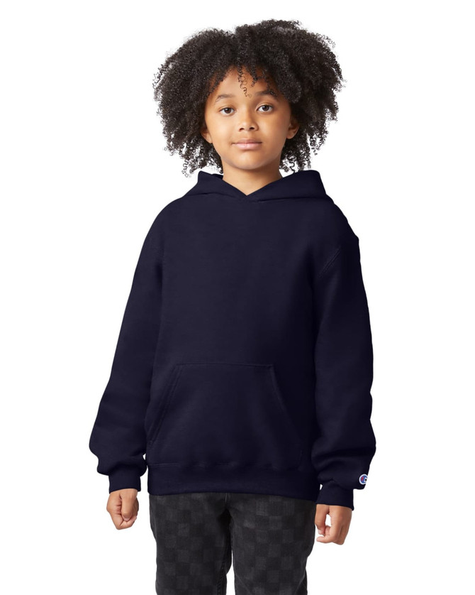 A youth pullover hooded sweatshirt in navy with a front pocket and a logo on the sleeve.