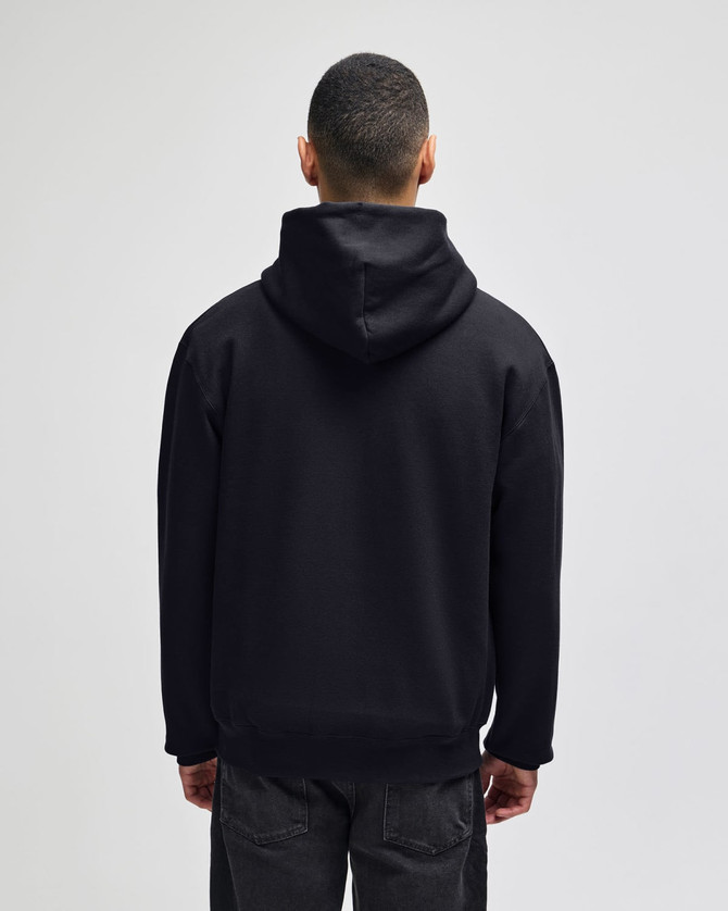 A black full-zip hooded sweatshirt displayed from the back, featuring a hood and a casual fit.