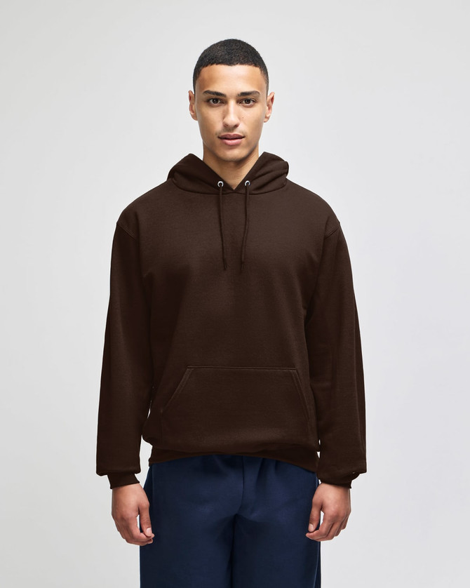 A brown pullover hooded sweatshirt with a front pocket and loose fit, featuring a logo on the chest area.