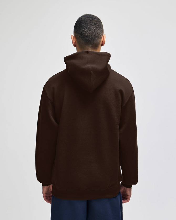 A brown pullover hooded sweatshirt shown from the back, with a hood and long sleeves.