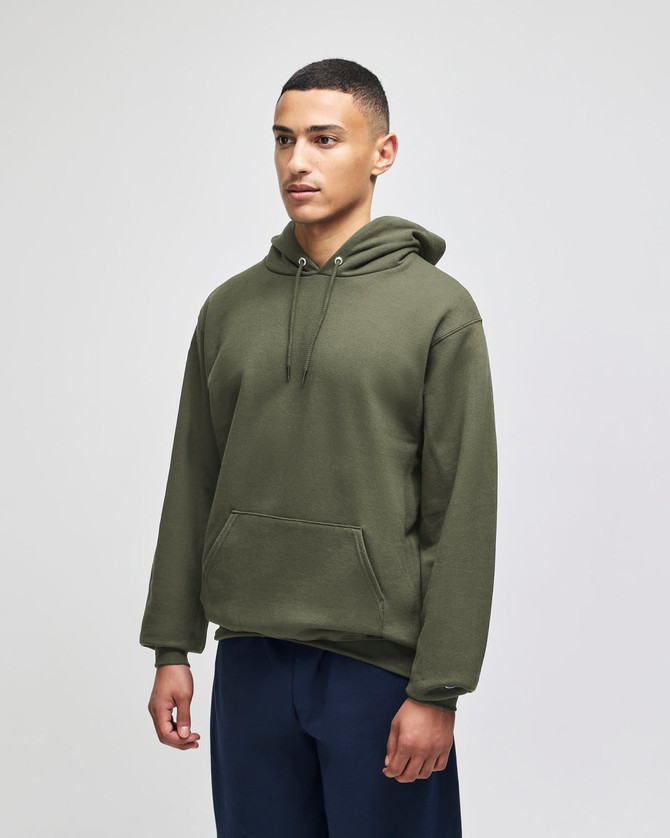 An olive green pullover hooded sweatshirt with a front pocket, featuring a logo on the sleeve.