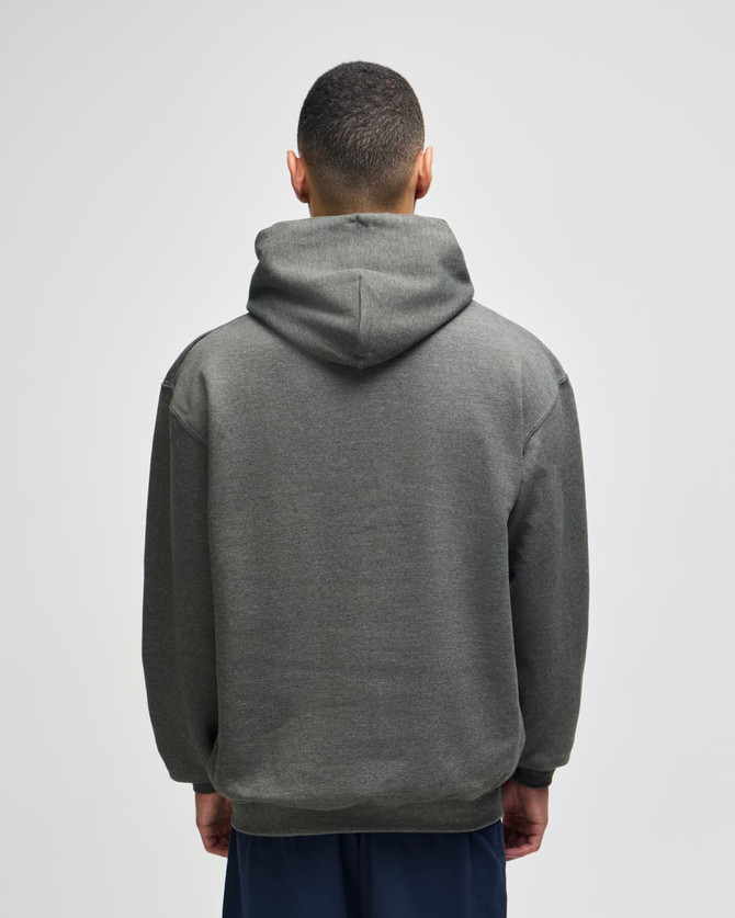 A grey pullover hooded sweatshirt seen from the back, featuring a simple design and a hood.