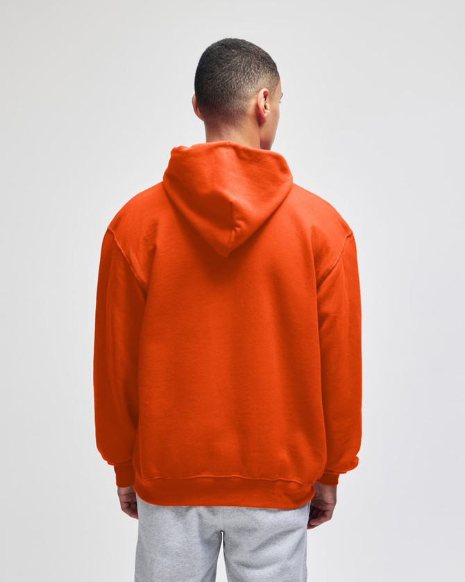 An orange pullover hooded sweatshirt viewed from the back, featuring a spacious hood and relaxed fit.