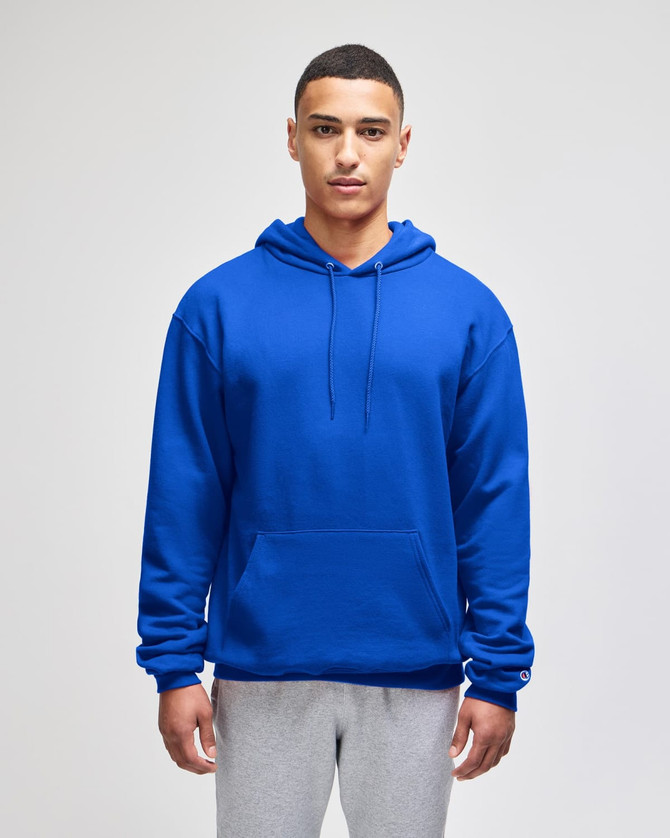 A blue pullover hooded sweatshirt featuring a front pocket and a logo.