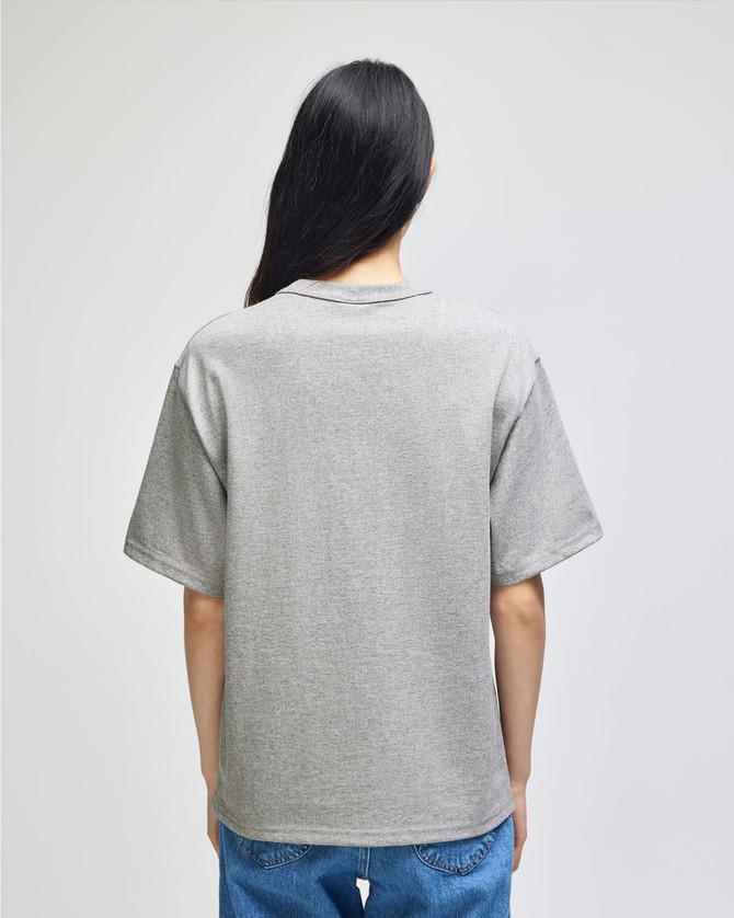 A grey Champion Adult Heritage Jersey T-Shirt viewed from the back, featuring a relaxed fit and short sleeves.
