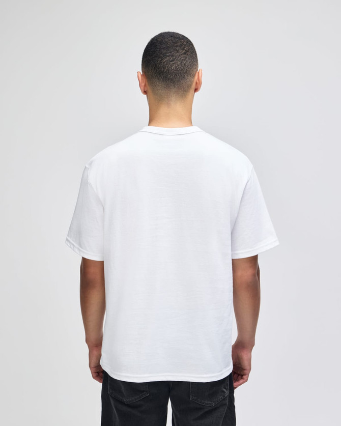A white Champion adult heritage jersey t-shirt viewed from the back, featuring a relaxed fit.