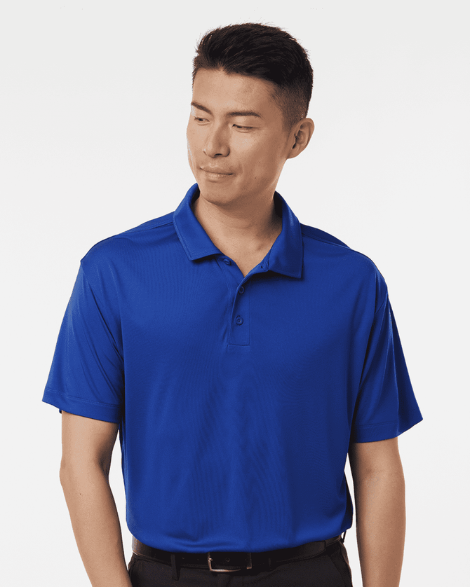 A blue men's polo shirt with a collar and three buttons, featuring a logo on the chest.