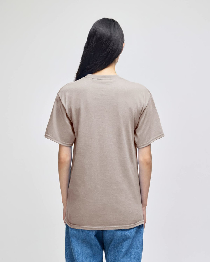 A plain beige adult short-sleeve t-shirt with a relaxed fit, viewed from the back.
