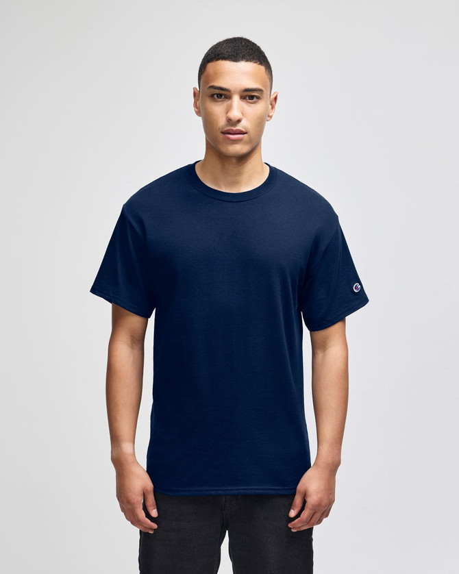 A navy blue Champion adult short-sleeve T-shirt with a logo on the sleeve.