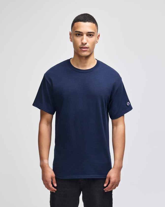 A navy Champion adult short-sleeve t-shirt featuring a logo on the sleeve.