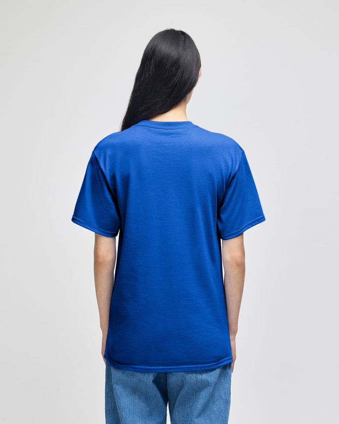 A blue short-sleeve t-shirt with a plain back, featuring a logo.