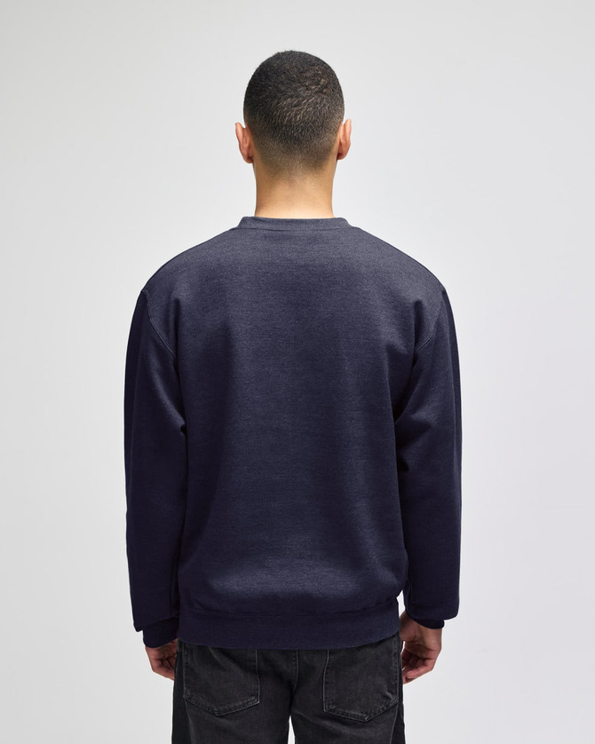 A navy blue adult sweatshirt featuring a crew neck and long sleeves, displaying a minimalistic design from the back.