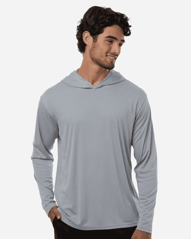 A light grey men's hooded t-shirt with long sleeves and a relaxed fit, featuring a logo.
