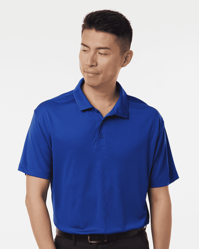 A blue polo shirt with a collar and buttons, featuring a logo on the chest.