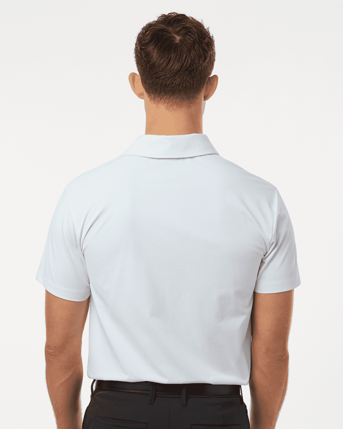 A white polo shirt with a short sleeve design, featuring a collar and a logo on the back.