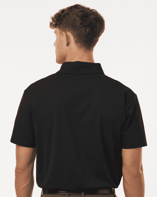 A black polo shirt with a short sleeve and classic collar, featuring a logo on the back.