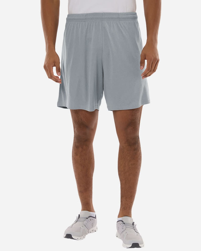 Men's Pro-Lock Performance Short in light grey, featuring a logo. Worn by a model standing upright.