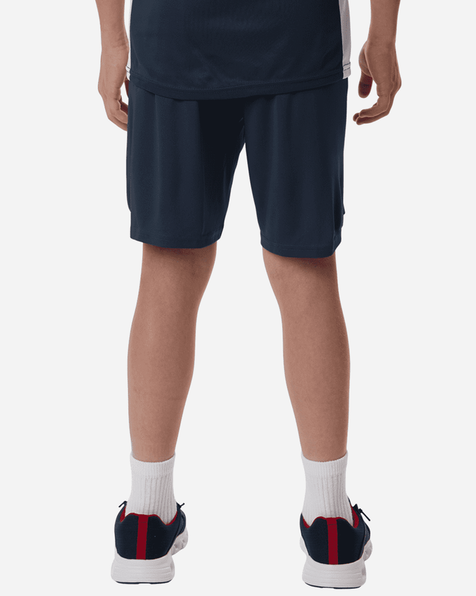 Men's Pro-Lock Performance Shorts in navy, featuring a logo, shown from the back with a person wearing them.