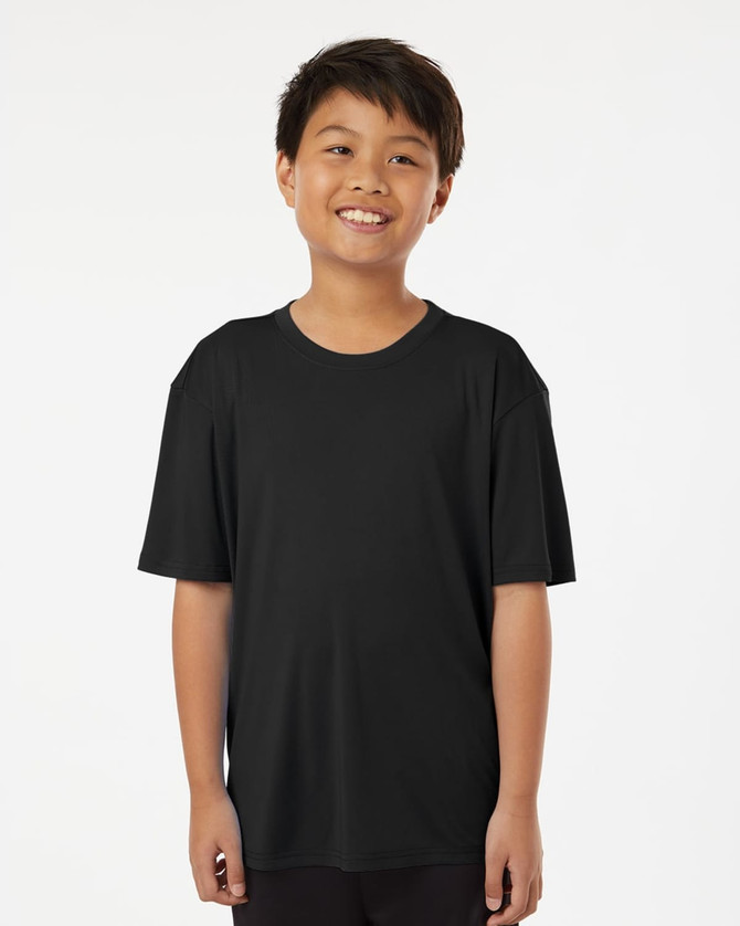 A black youth performance T-shirt features short sleeves and a comfortable fit, suitable for active wear.