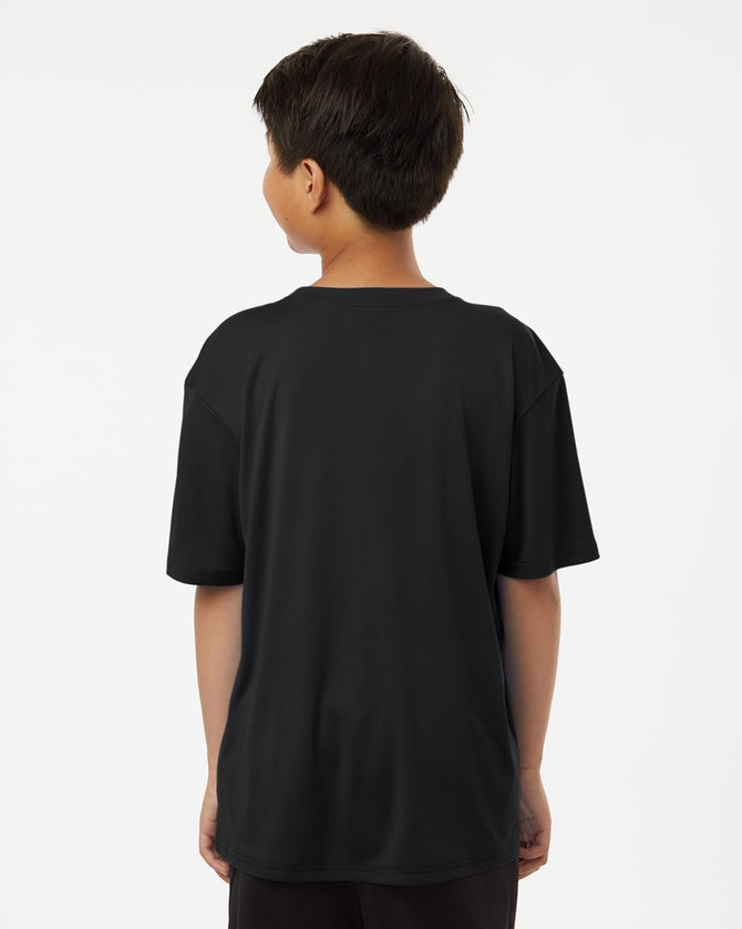 A black youth t-shirt featuring a relaxed fit and a simple design. It has a logo on the back.