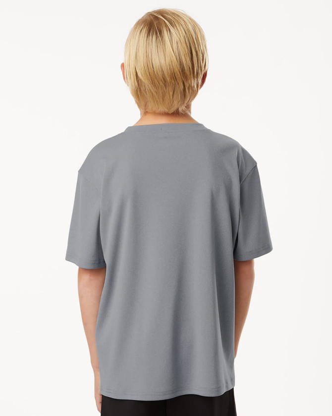 A grey youth t-shirt featuring a simple design and a logo on the back.