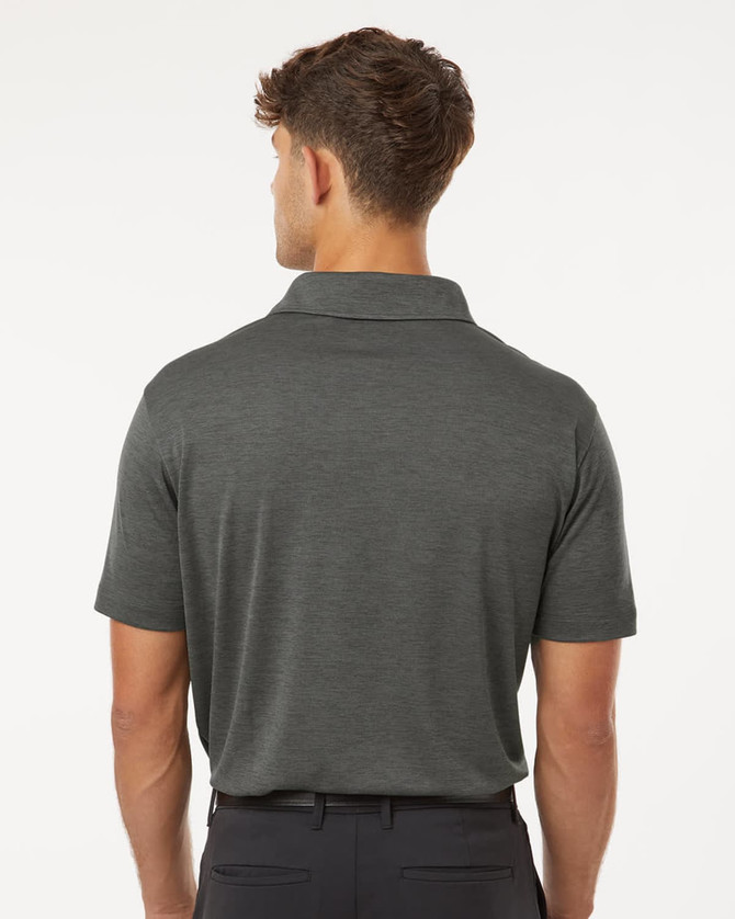 A men's polyester heather melange polo in dark grey, featuring a collar and short sleeves. The back view displays a logo.