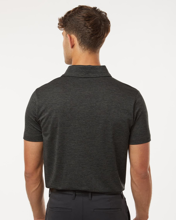 A men's polo shirt in polyester heather melange, featuring a dark grey colour and a logo on the back.