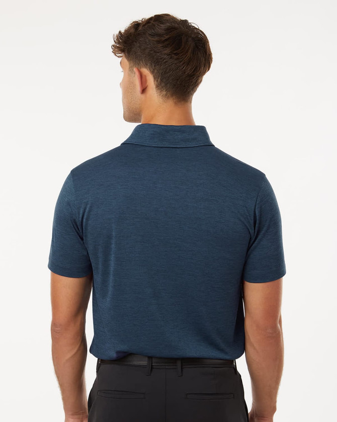 A men's short-sleeve polo shirt in a dark blue heather melange, featuring a collar and a logo on the side.