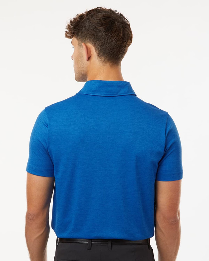 A blue men's polo shirt made of polyester heather melange, featuring a collar and short sleeves.