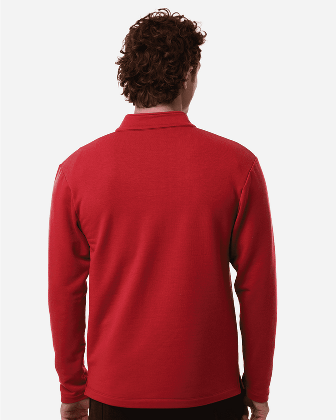 A red men's stretch fleece 1/4 zip top, viewed from the back, featuring a simple design and a logo.