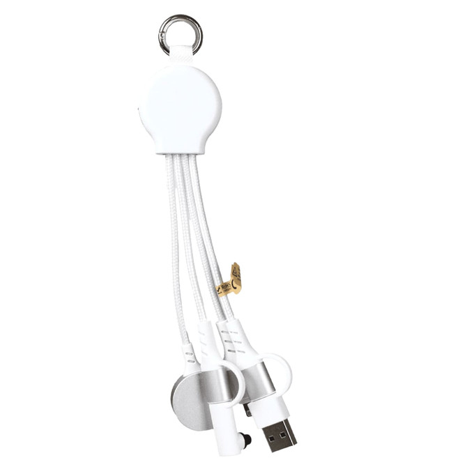 A white 6-in-1 multi charging cable with a retractable design, featuring multiple connectors and a keyring attachment.