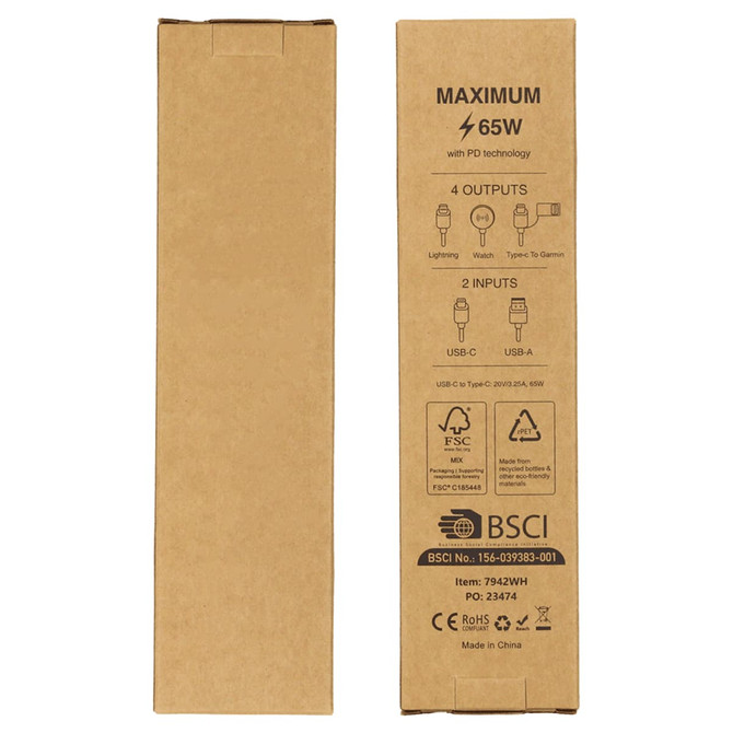 A brown cardboard packaging for a 6-in-1 Multi Charging Cable, featuring various outputs and inputs.