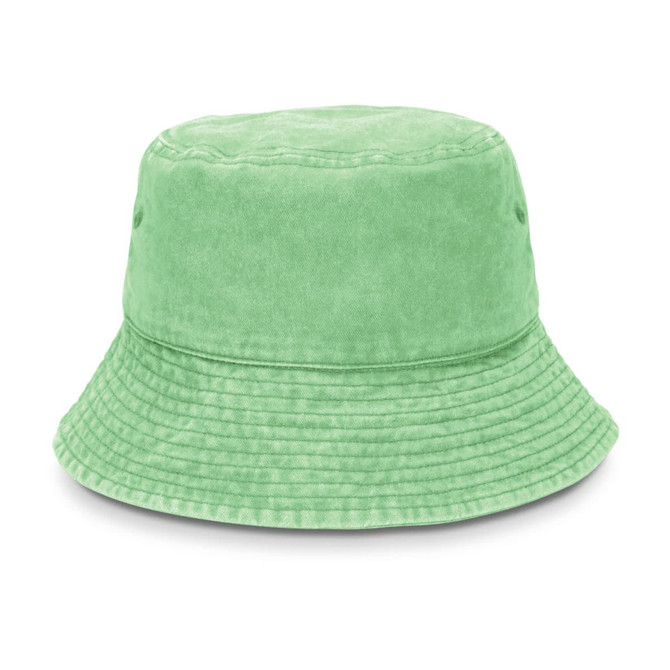 A green washed bucket hat with a wide brim and a textured finish, featuring a logo.