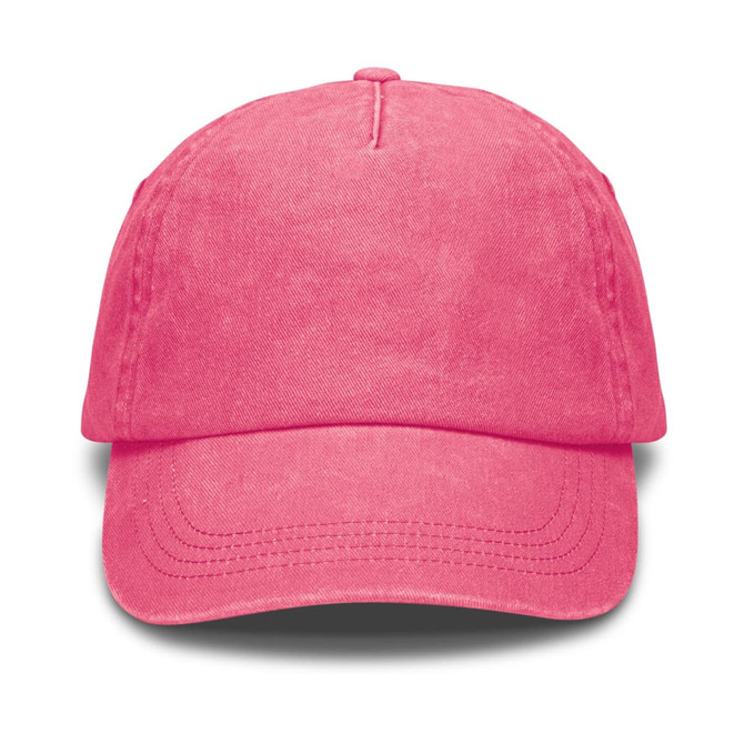 A vintage washed cap in a vibrant pink colour, featuring a logo on the front and a curved brim.