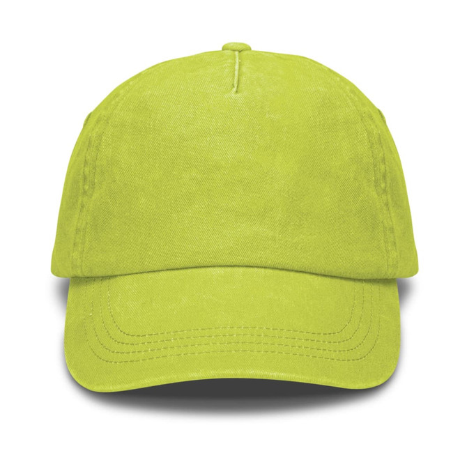 A vintage washed cap in bright lime green with a curved brim and a logo on the front.