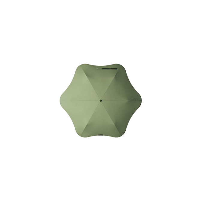 A green umbrella with a unique star-shaped design, featuring a central handle and a subtle branding logo.
