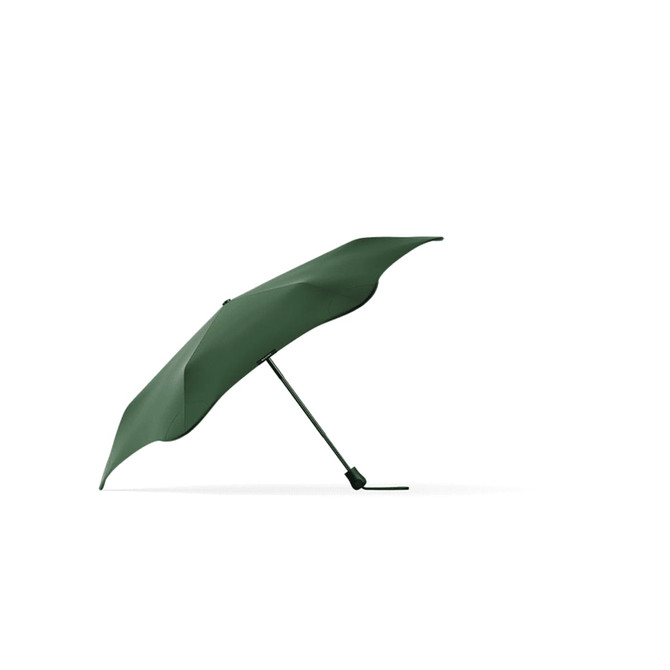 A green umbrella with a unique shape, featuring a simple design and a supporting pole. It has a logo on the handle.