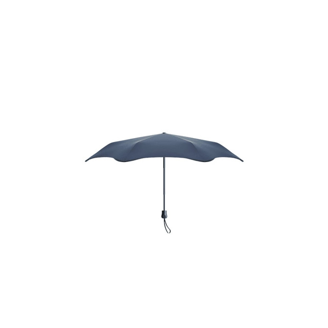 A navy blue umbrella with a curved shape and a black handle, featuring a branding logo on the handle.