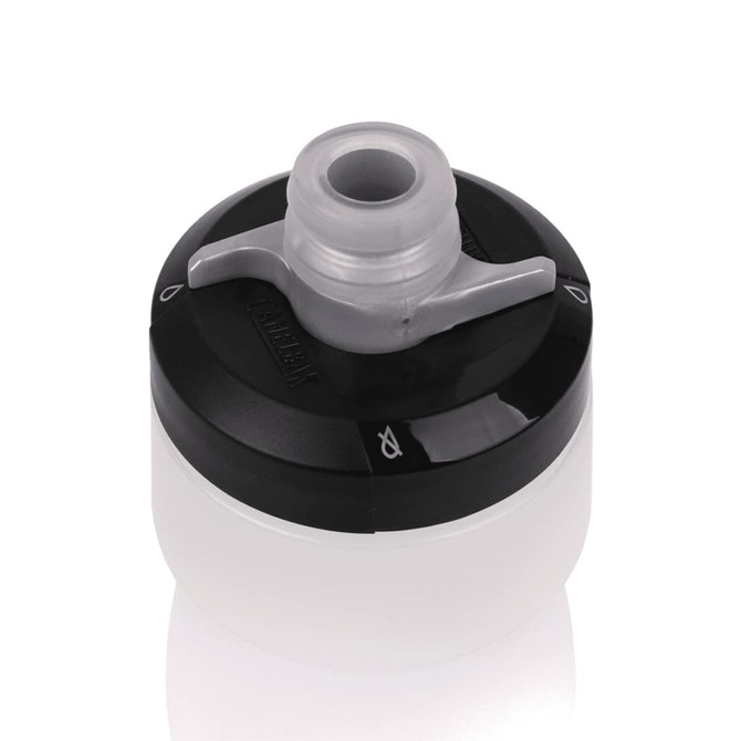 A drink bottle in plain white and black colours with a screw-on lid and a spout. It features a logo.