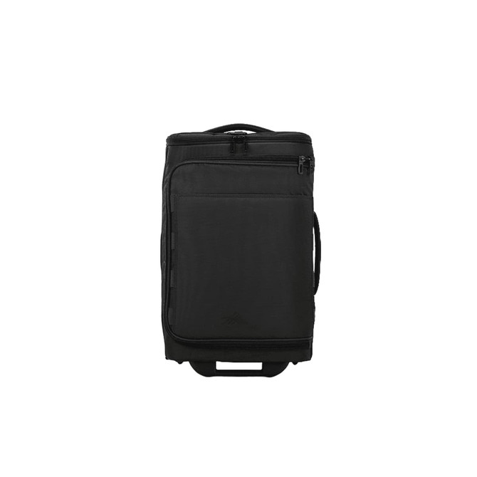 A black wheeled duffle bag with multiple zippered compartments and a handle for easy transport.