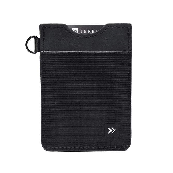 A vertical wallet in black with a textured surface and a logo, featuring a top slot for cards.