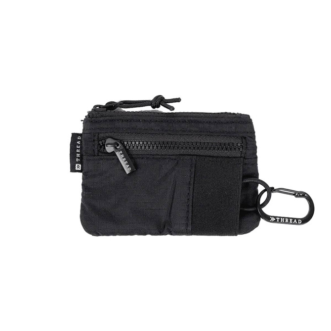 A black pouch wallet featuring a zipper pocket, a Velcro section, and a carabiner clip. It has a logo detail.