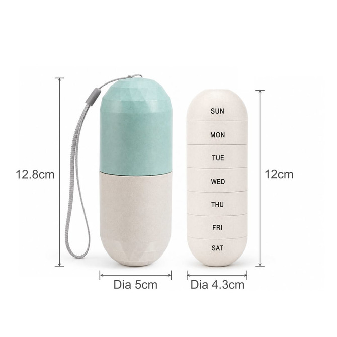 A capsule-shaped pills organiser in teal and cream, featuring seven compartments for each day of the week.