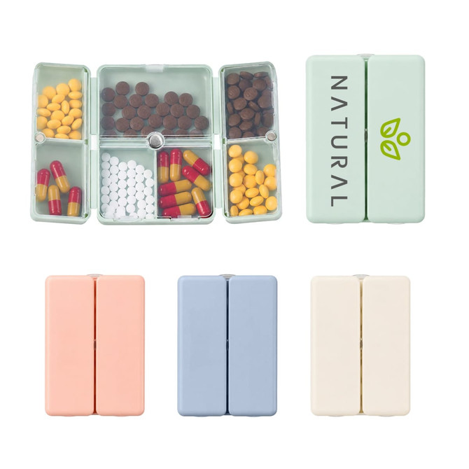 A folding pills box in multiple colours, featuring seven compartments to store various pills and capsules. It has a logo.