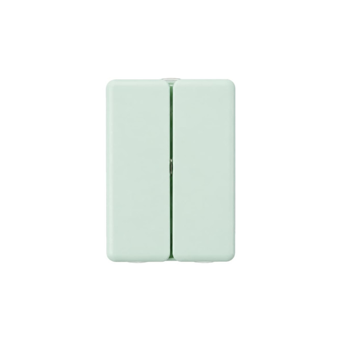 A pale green folding pill box with seven compartments and a small logo on the surface.