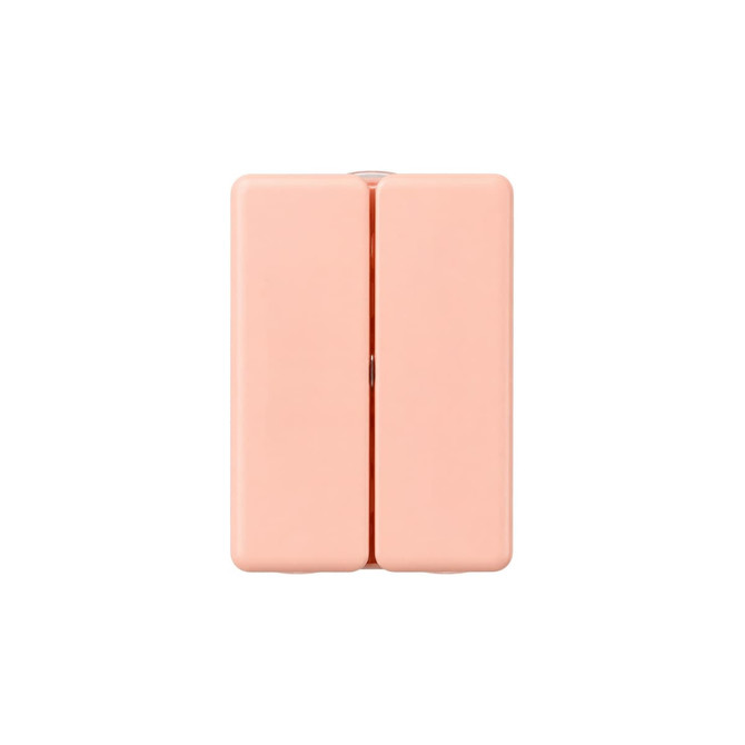 A folding pills box in a soft pink colour with seven compartments and a logo on the surface.